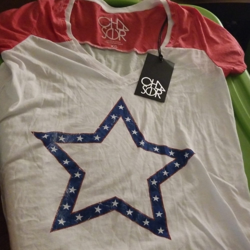 NWT CHASER Red White Blue Star V-Neck Tee